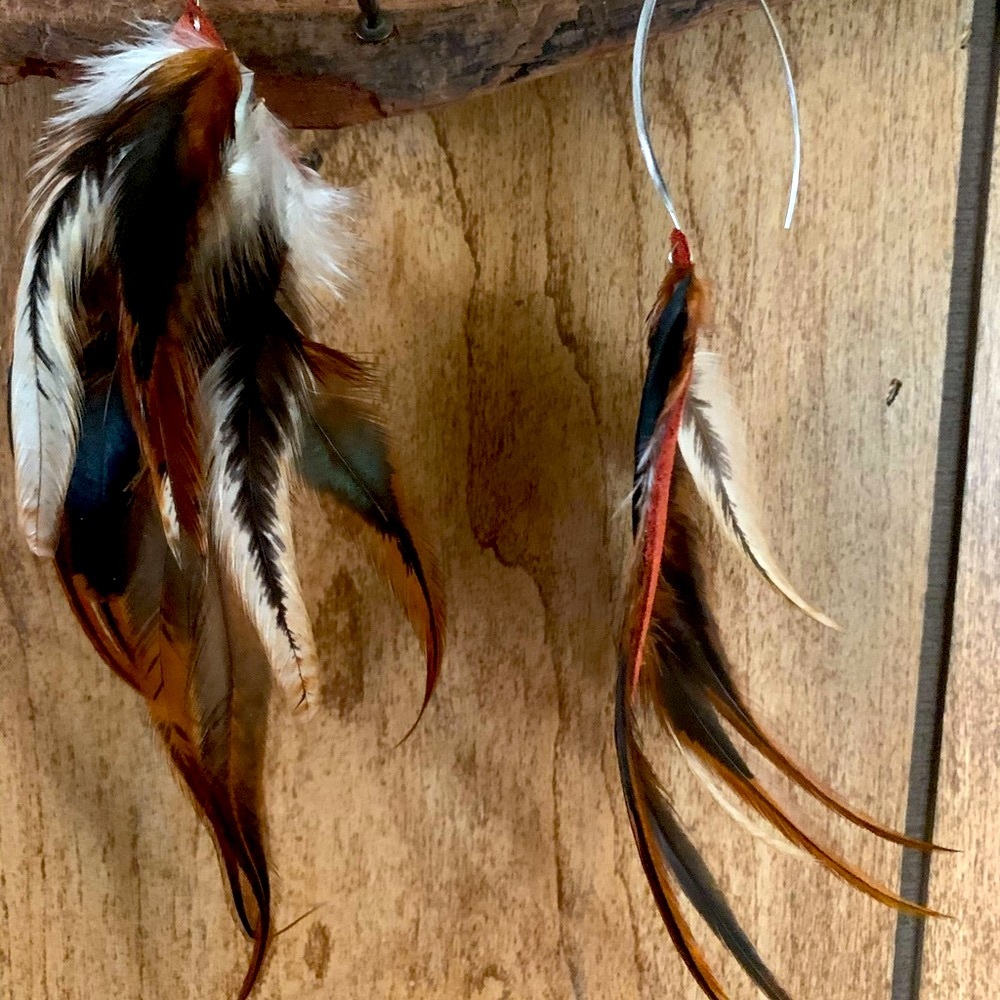 Red Cream Leather Feather Earrings Looks Like Hair Extensions NWT